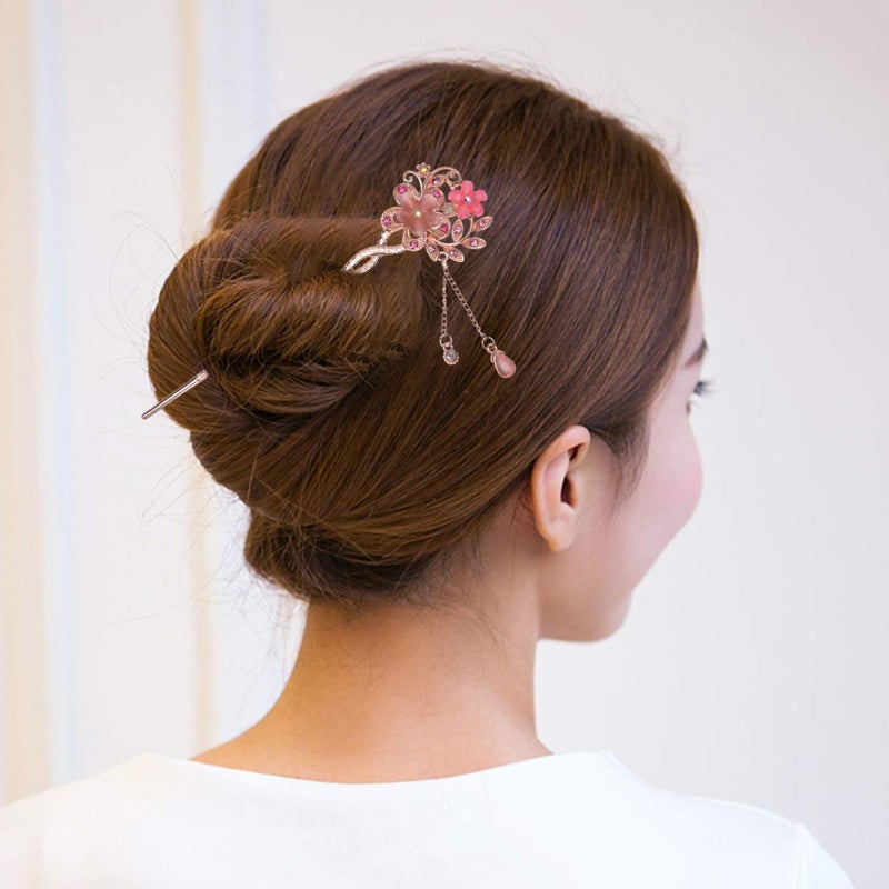Lurrose Rhinestone Pearl Flower Hair Stick Chinese Hair Chopsticks Vintage Retro Tassel Hair Pin Hair Styling Hair Making Accessories for Long Hair for Women Girls - Image 4