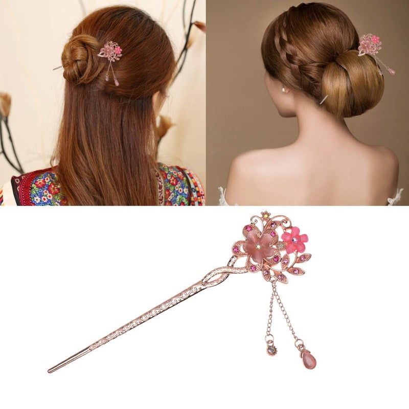 Lurrose Rhinestone Pearl Flower Hair Stick Chinese Hair Chopsticks Vintage Retro Tassel Hair Pin Hair Styling Hair Making Accessories for Long Hair for Women Girls - Image 3