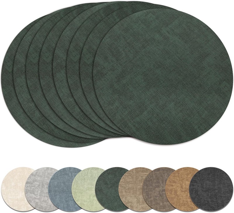 NCUE 13" Round Placemats Set of 8, Reversible Faux Leather Heat Resistant Table Mats, Waterproof Oilproof Wipeable Table Protective Placemats for Vinyl, Washable for Indoor & Outdoor Use (8, Dark Green) - Image 1
