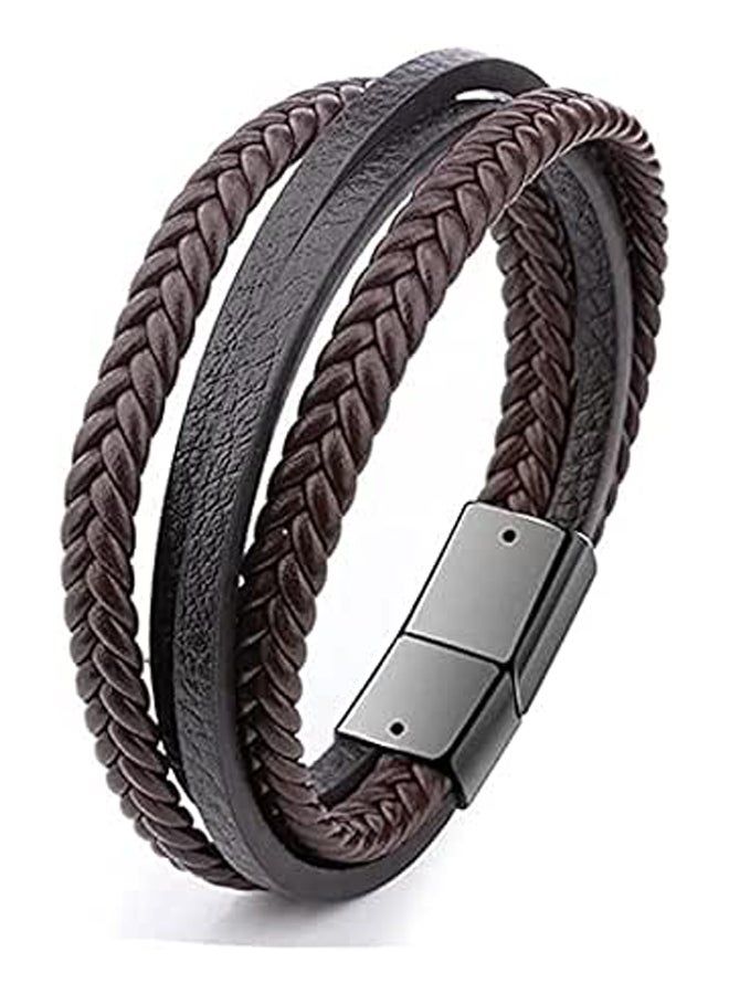 Leather Bracelet for Men 4 Thongs - Brown - Steel Black Metal Clasp - Length 18cm