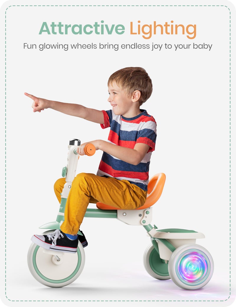 besrey Kids Tricycle with Flash Wheels for Ages 18 Months to 5 Years, Toddler Tricycle with Bell, Kids Tricycle, Gift for 2-5 Year Olds, Gift and Toy for Boys and Girls, Tricycle for Toddlers, Green - Image 3