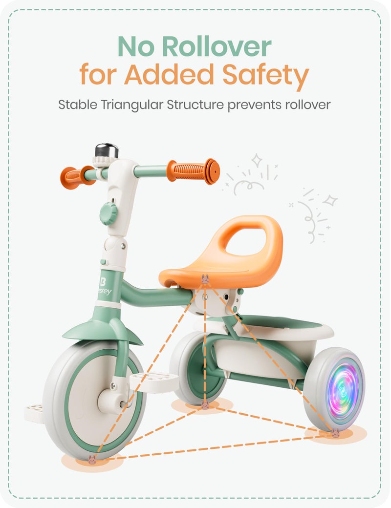 besrey Kids Tricycle with Flash Wheels for Ages 18 Months to 5 Years, Toddler Tricycle with Bell, Kids Tricycle, Gift for 2-5 Year Olds, Gift and Toy for Boys and Girls, Tricycle for Toddlers, Green - Image 5
