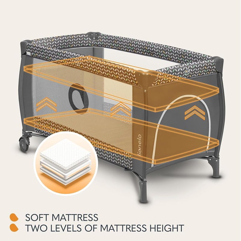 Lionelo Sven Plus 2in1 Travel Cot and Portable for newborns 0-36 Months Foldable with 2-level Heights, Changing Table, Mattress, Side Entrance Mesh Walls Mosquito Net Canopy Wheels Organiser - Image 3