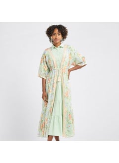 FAV Solid Tiered Collared Dress with Floral Print Longline Shrug  - Image 1