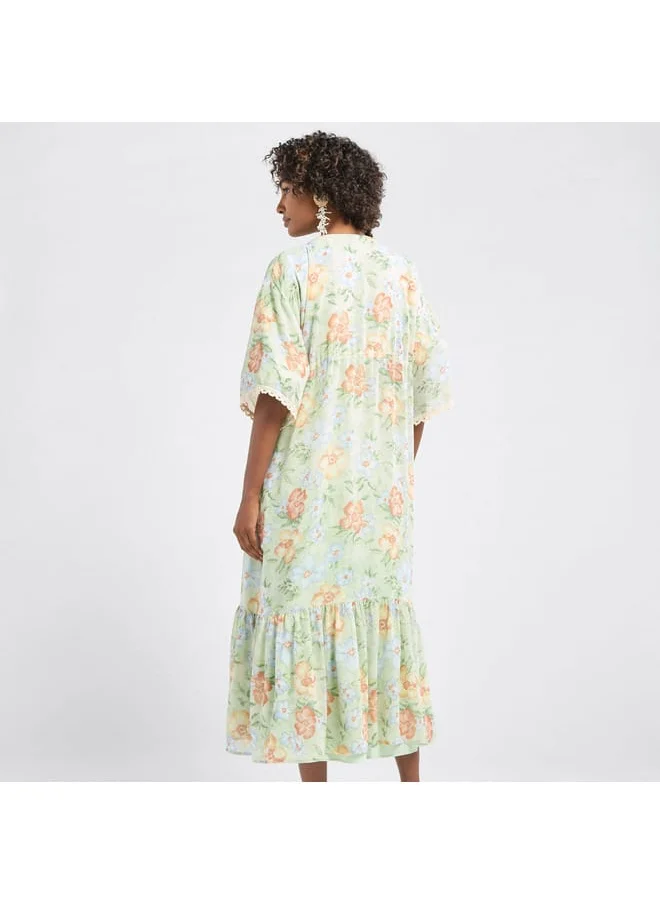 FAV Solid Tiered Collared Dress with Floral Print Longline Shrug