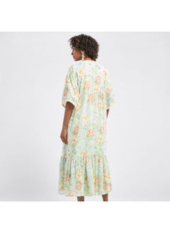 FAV Solid Tiered Collared Dress with Floral Print Longline Shrug  - Image 3