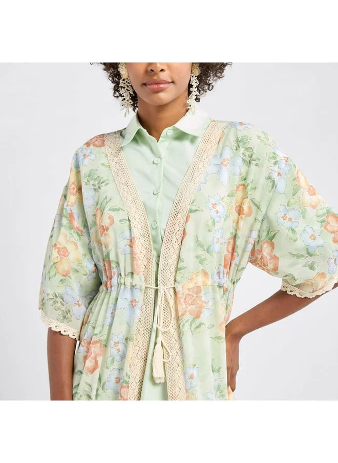 FAV Solid Tiered Collared Dress with Floral Print Longline Shrug