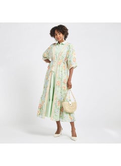 FAV Solid Tiered Collared Dress with Floral Print Longline Shrug  - Image 2