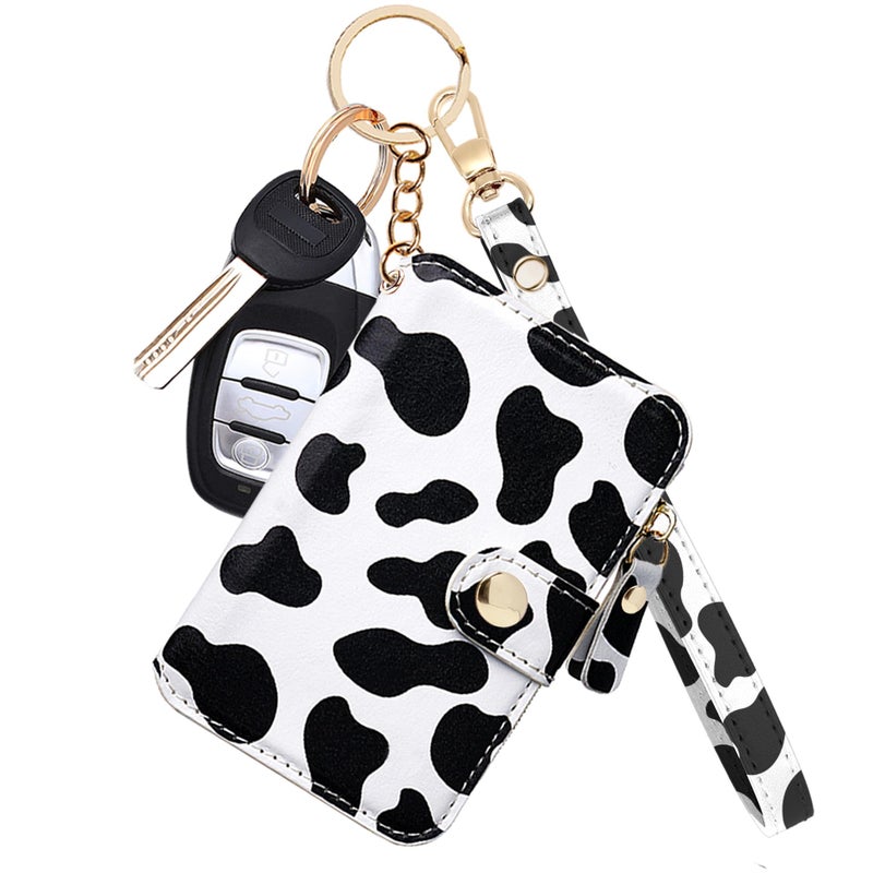 M-Plateau Wallet, Womens card Holder Leather Keychain Wallet With Zipper Coin Pocket ID Window Wrist Strap Gift Box (Cow Print) - Image 1