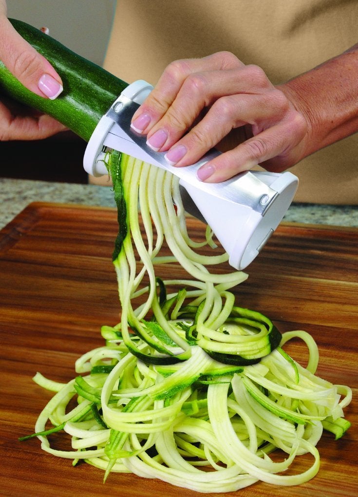 Ontel Veggetti Veggie Slicer, Dual Stainless Steel Blade Vegetable Cutter for Thick or Thin Noodle, Works with Zucchini, Squash, Cucumbers, Carrots, and more, 2.76"L x 2.76"W x 6.32"H, White - Image 3