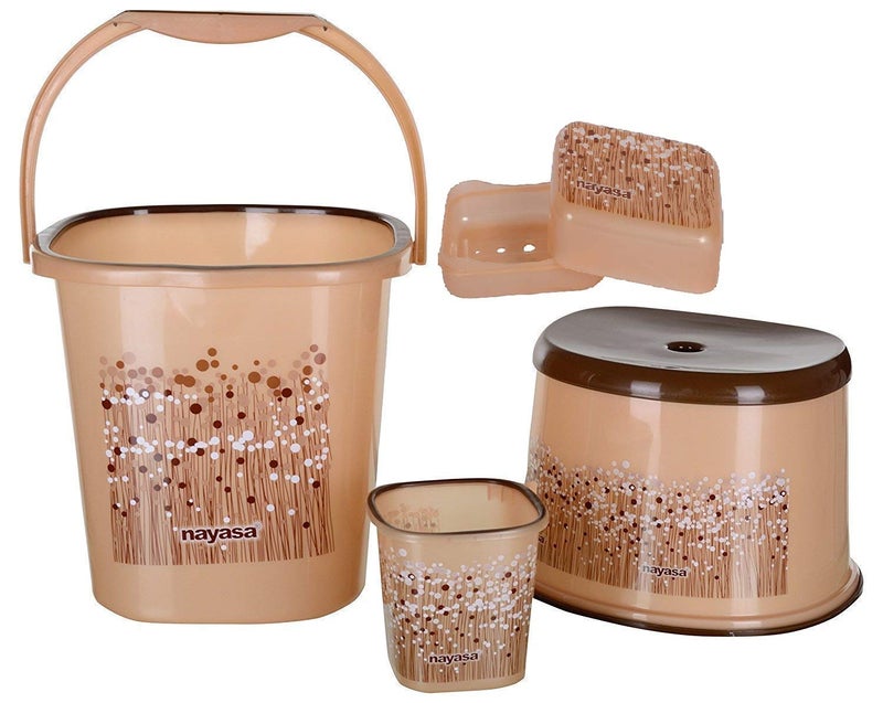 Nayasa Funk Square DLX 4 Pcs Bathroom Set (Bucket 25 L+Mug 1.5 L+Stool+Soap Case) Brown, Plastic - Image 1