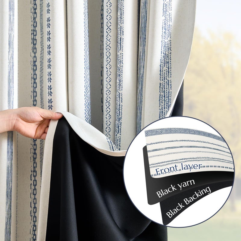jinchan 100% Blackout Curtains 96 Inches Long for Bedroom, Boho Insulated Curtains Blue Striped Pattern Geometric Drapes Back Tab Rod Pocket Room Darkening Retro Farmhouse Pattern 2 Panels - Image 4
