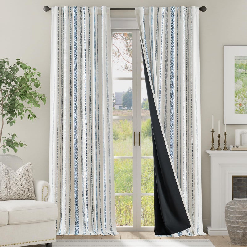jinchan 100% Blackout Curtains 96 Inches Long for Bedroom, Boho Insulated Curtains Blue Striped Pattern Geometric Drapes Back Tab Rod Pocket Room Darkening Retro Farmhouse Pattern 2 Panels - Image 1