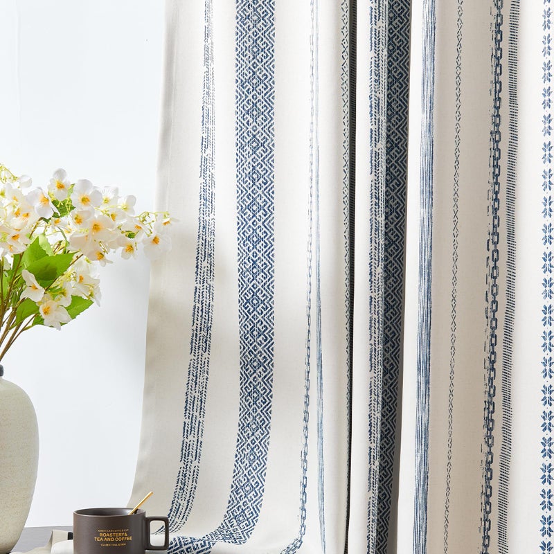 jinchan 100% Blackout Curtains 96 Inches Long for Bedroom, Boho Insulated Curtains Blue Striped Pattern Geometric Drapes Back Tab Rod Pocket Room Darkening Retro Farmhouse Pattern 2 Panels - Image 5