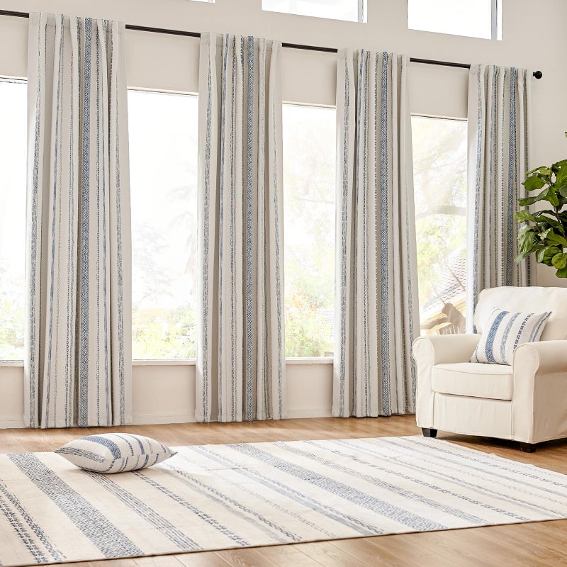 jinchan 100% Blackout Curtains 96 Inches Long for Bedroom, Boho Insulated Curtains Blue Striped Pattern Geometric Drapes Back Tab Rod Pocket Room Darkening Retro Farmhouse Pattern 2 Panels - Image 2
