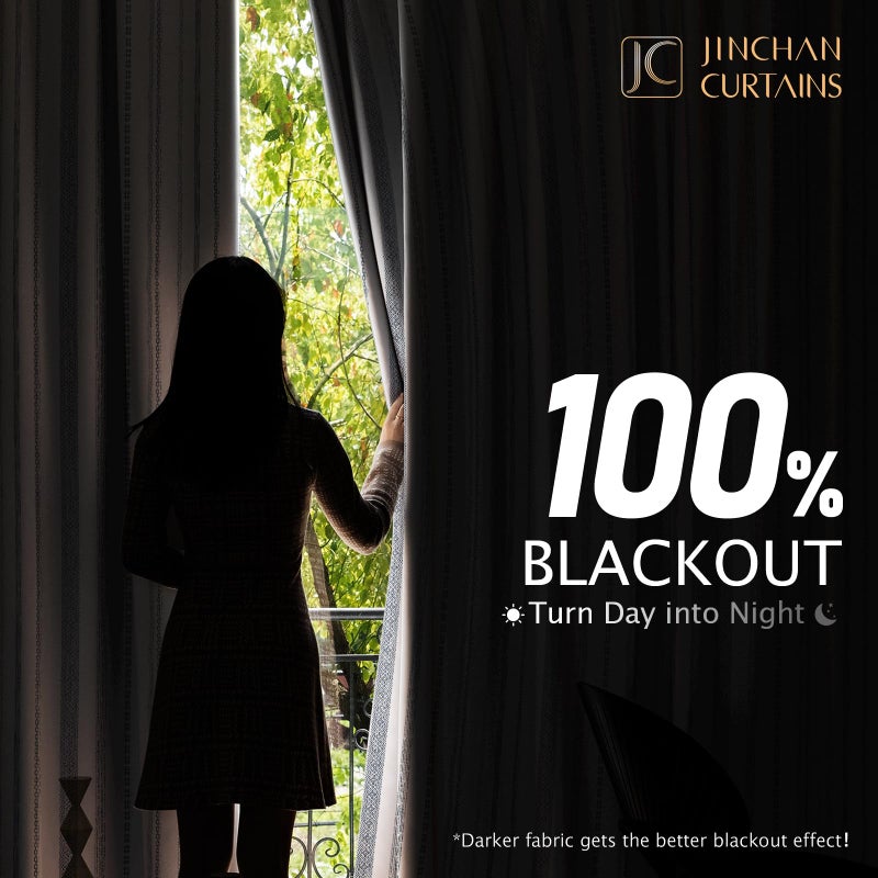 jinchan 100% Blackout Curtains 96 Inches Long for Bedroom, Boho Insulated Curtains Blue Striped Pattern Geometric Drapes Back Tab Rod Pocket Room Darkening Retro Farmhouse Pattern 2 Panels - Image 3