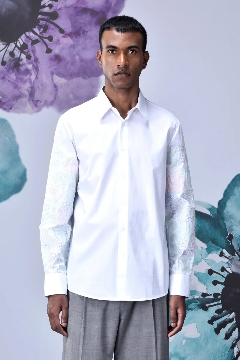 Genes Lecoanet Hemant White Giza Cotton Poplin Shirt with Subtle Sleeve Embroidery
