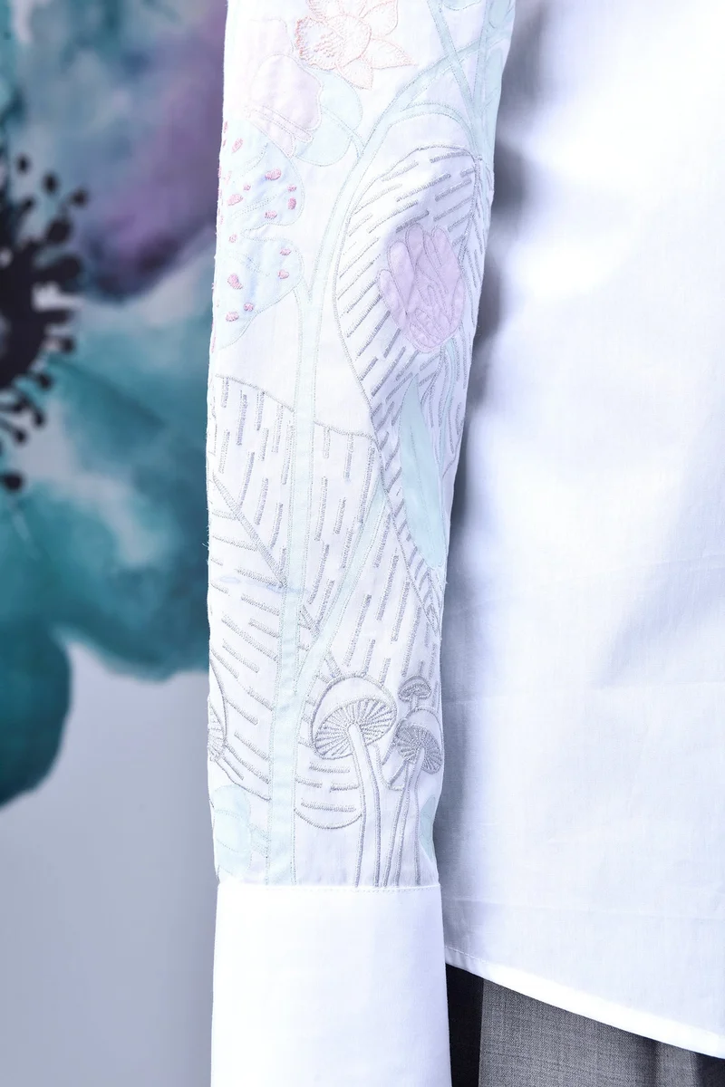 Genes Lecoanet Hemant قميص بوبلين قطن مصري أبيض بتطريز خفي على الأكمام