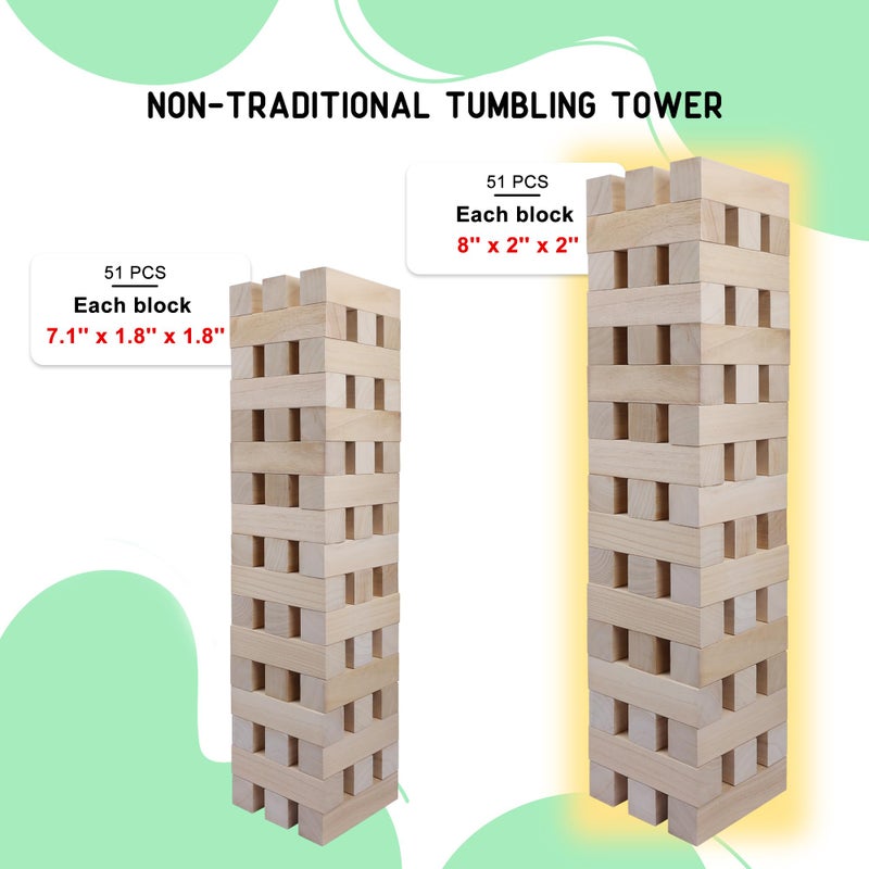 GOTHINK Giant Tumbling Tower Game, Super Large 51pcs Wooden Blocks Stacking Game, Stacking to Over 6 Feet, Jumbo Timber Blocks with Carry Bag, Jumbo Outdoor Indoor Game Toy Gift for Kids and Adults - Image 5