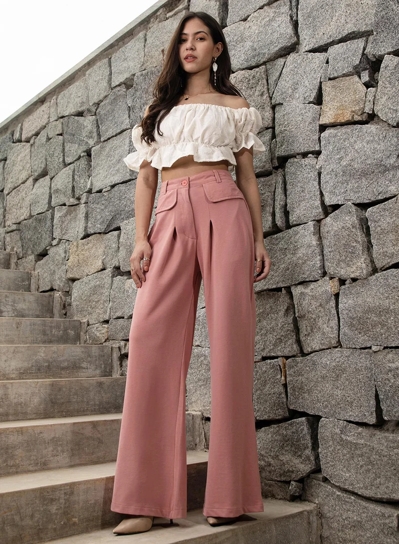 PINACOLADA PINACOLADA Women's Salmon Pink Pleated Tailored Trousers For Casual Wear | 2 Pockets | Straight Fit | Button Closure | Trousers Designed With Comfortable Fit For Woman & Girls