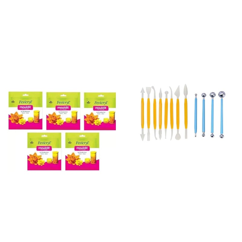 E Buddies Fevicryl Shilpkar Mouldit Epoxy Compound Clay 5 Pkts of 50gm Clay ToolsClay Sculpting ToolsClay Modelling Tools Set of 8 Double Ended Tools4pc Ball tools for DIY Art and Craft