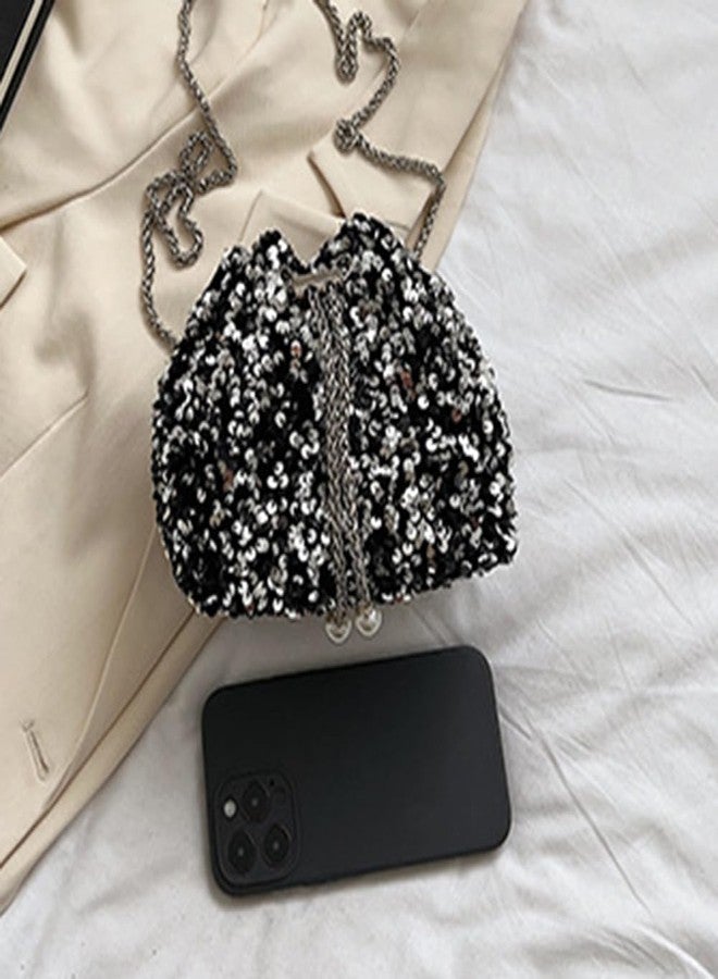 Sither حقيبة سيثر النسائية المسائية حقيبة لامعة للنساء لؤلؤة حقيبة متلألئة لحفلة (أسود) - Image 4