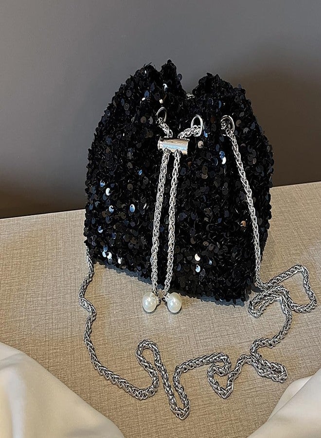 Sither حقيبة سيثر النسائية المسائية حقيبة لامعة للنساء لؤلؤة حقيبة متلألئة لحفلة (أسود) - Image 3