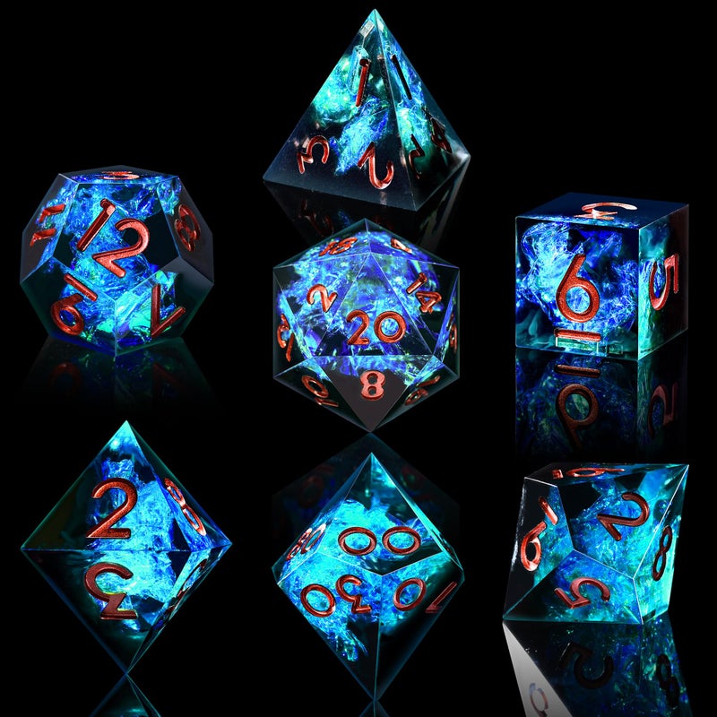AUSTOR 7-Die DND Dice Set, Handmade Sharp Edge Polyhedral Dice for Dungeons and Dragons RPG MTG Table Gamesï¼ˆBlack & Blueï¼‰ - Image 1