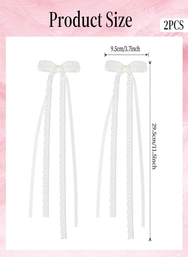 Aeaocvo 2Pcs White Lace Hair Bow Clips, Lace Hair Bow with Long Tail, Ribbon Bows for Hair, Cute Hair Ribbons, Ribbon Bows Satin Hair Clip for Hair Design - Image 2