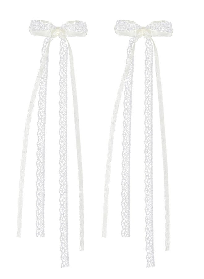 Aeaocvo 2Pcs White Lace Hair Bow Clips, Lace Hair Bow with Long Tail, Ribbon Bows for Hair, Cute Hair Ribbons, Ribbon Bows Satin Hair Clip for Hair Design - Image 1