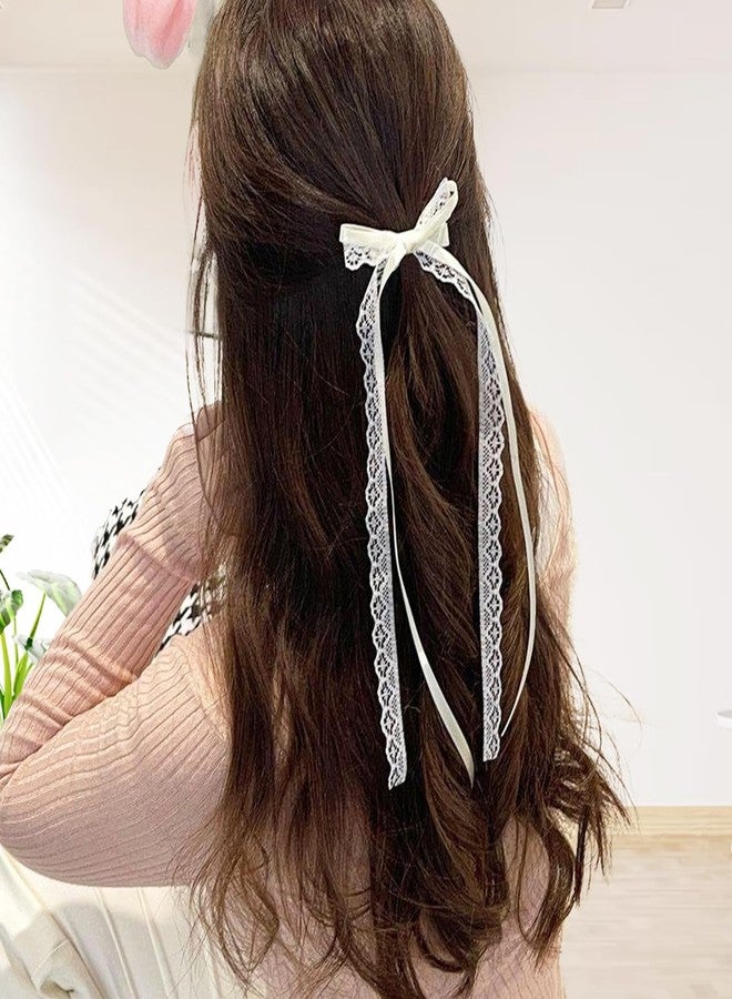 Aeaocvo 2Pcs White Lace Hair Bow Clips, Lace Hair Bow with Long Tail, Ribbon Bows for Hair, Cute Hair Ribbons, Ribbon Bows Satin Hair Clip for Hair Design - Image 5
