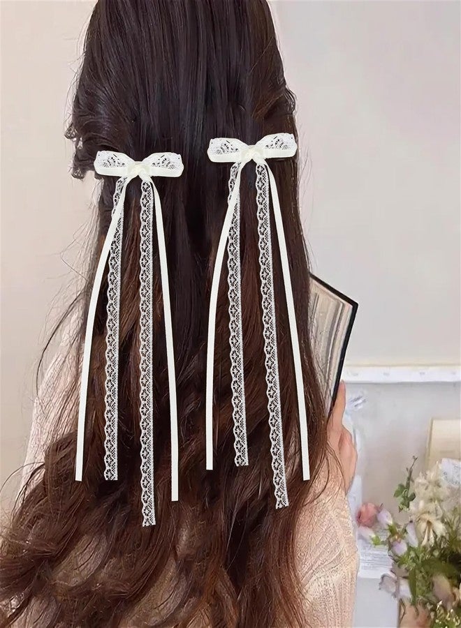Aeaocvo 2Pcs White Lace Hair Bow Clips, Lace Hair Bow with Long Tail, Ribbon Bows for Hair, Cute Hair Ribbons, Ribbon Bows Satin Hair Clip for Hair Design - Image 4