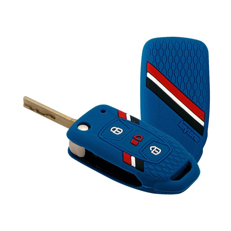 KeyZone Striped Silicone Key Cover Compatible for Tata Curvv, Nexon, Harrier, Safari, Altroz, Punch, Tigor, Tiago 3 Button Flip (Blue) - Image 1