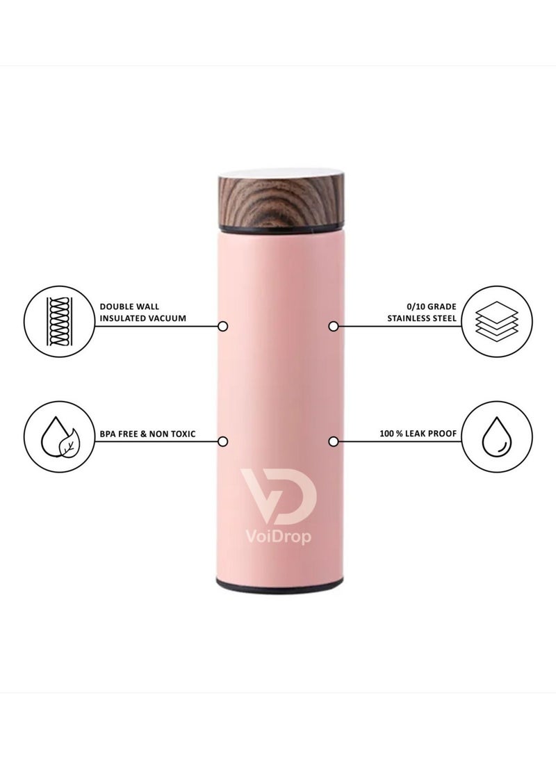 Insulated Water Bottle 16OZ 500ml Stainless Steel Water Bottles Water Bottle With Wooden Design lid Water Filter bottle For Travel School Water Bottle Lightweight Water Bottle (Peach)  - Image 3