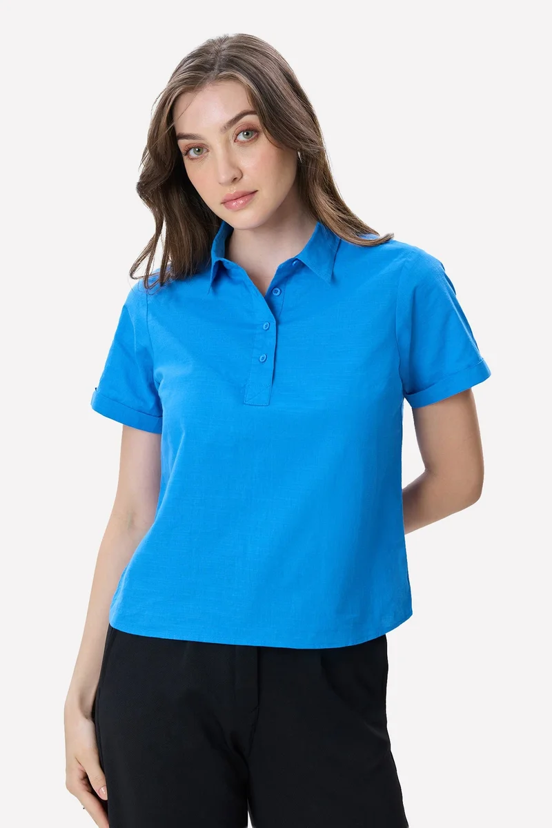 فيرجيو Solid Cotton Rolled-Up Sleeve Shirt for Women