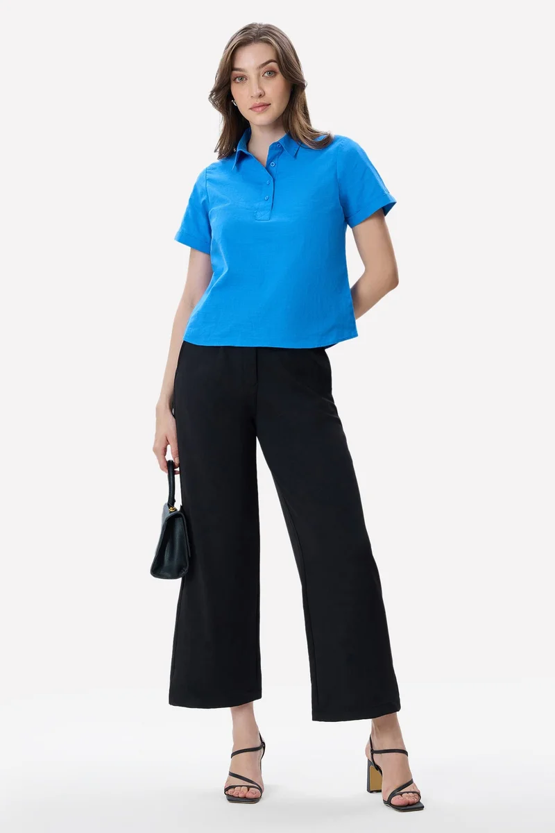 فيرجيو Solid Cotton Rolled-Up Sleeve Shirt for Women