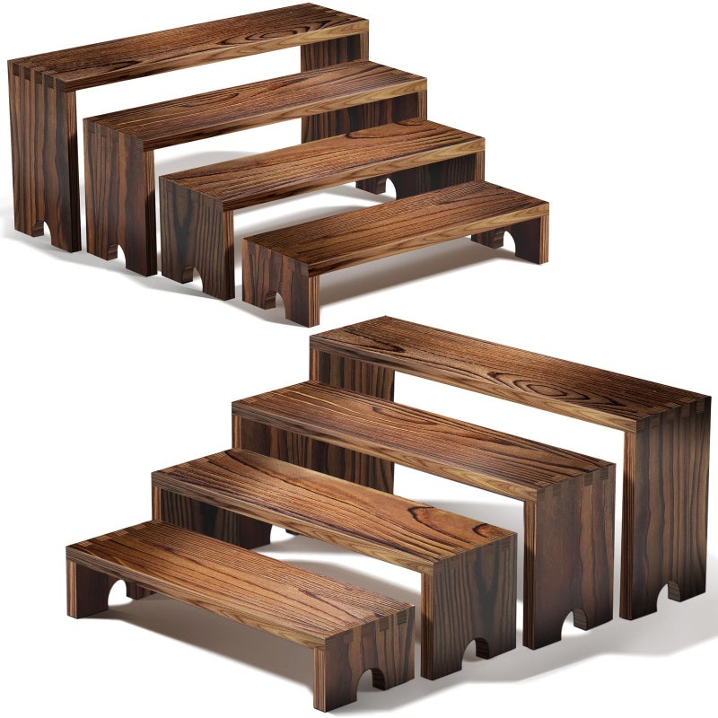 Mogenxoye Large 2 Set wood tone Wooden Tiered Display Stands 4 Tier Stackable Pine Wood Display Risers, Suitable for Vendor Events, Cupcake Stands, cake stand Wooden Dessert Table Sets, Vendor Booth Displays,Cosmetic & Perfume Display Tools, Kitchen Spice Storage, Outdoor Party Food Displays display stands(Sizes: 12 Inches, 11.2 Inches, 10.4 Inches, 9.6 Inches) - Image 1