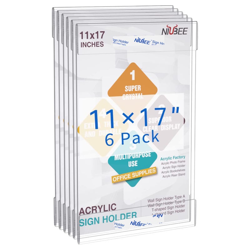Niubee 6 Pack Acrylic Sign Holder 11 x 17 inches Wall Mount Sign Holders Clear Acrylic Frame with Double Sided Tape Clear Poster Frames Plastic Sign Holder for Office, Home, Restaurant, Vertical - Image 1