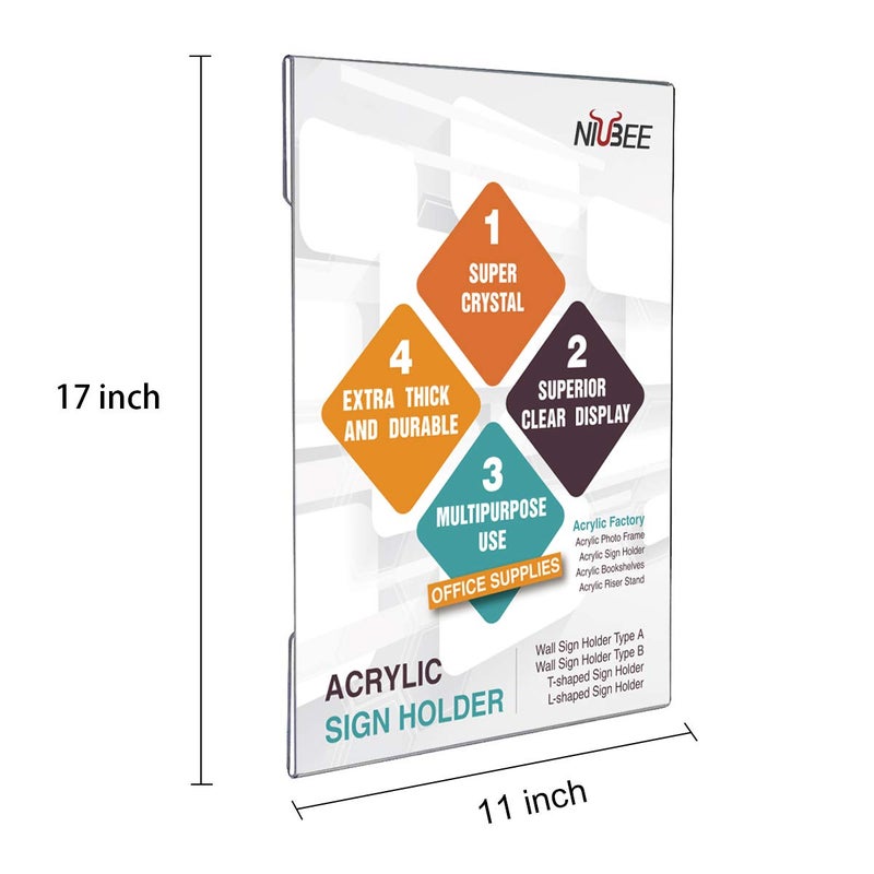 Niubee 6 Pack Acrylic Sign Holder 11 x 17 inches Wall Mount Sign Holders Clear Acrylic Frame with Double Sided Tape Clear Poster Frames Plastic Sign Holder for Office, Home, Restaurant, Vertical - Image 2