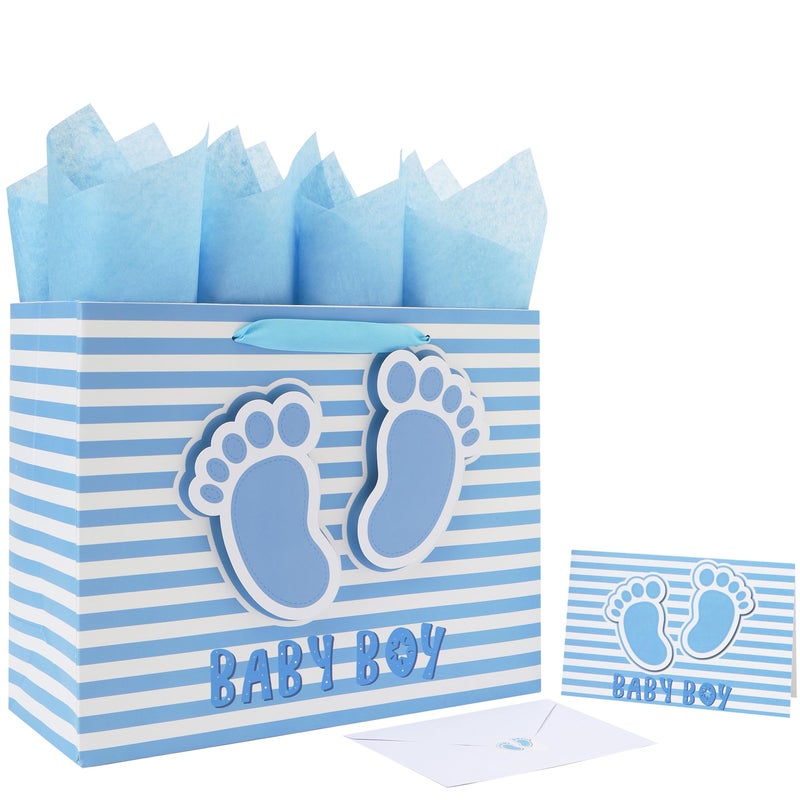 wishinside 13â€ Large Baby Boy Gift Bag Set with Handles, Greeting Card, Blue Tissue Papers and Stickers for Boys Kids for Baby Shower, Boys' Birthday Party, Newborn, New Moms, Little One, 1st Baby, 3D Footprints Design, 1 Pcs - Image 1