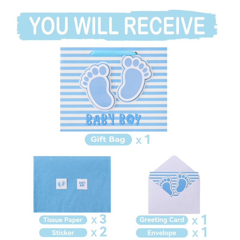 wishinside 13â€ Large Baby Boy Gift Bag Set with Handles, Greeting Card, Blue Tissue Papers and Stickers for Boys Kids for Baby Shower, Boys' Birthday Party, Newborn, New Moms, Little One, 1st Baby, 3D Footprints Design, 1 Pcs - Image 3