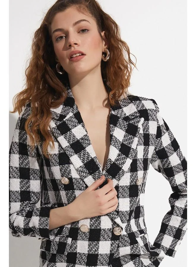 JUNE June Plaid Black and White Jacket Black