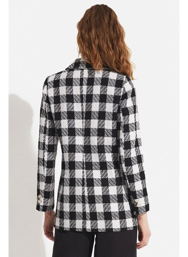 JUNE June Plaid Black and White Jacket Black