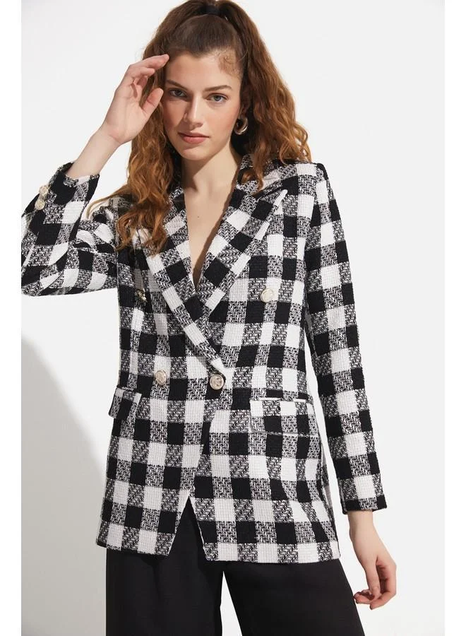 JUNE June Plaid Black and White Jacket Black