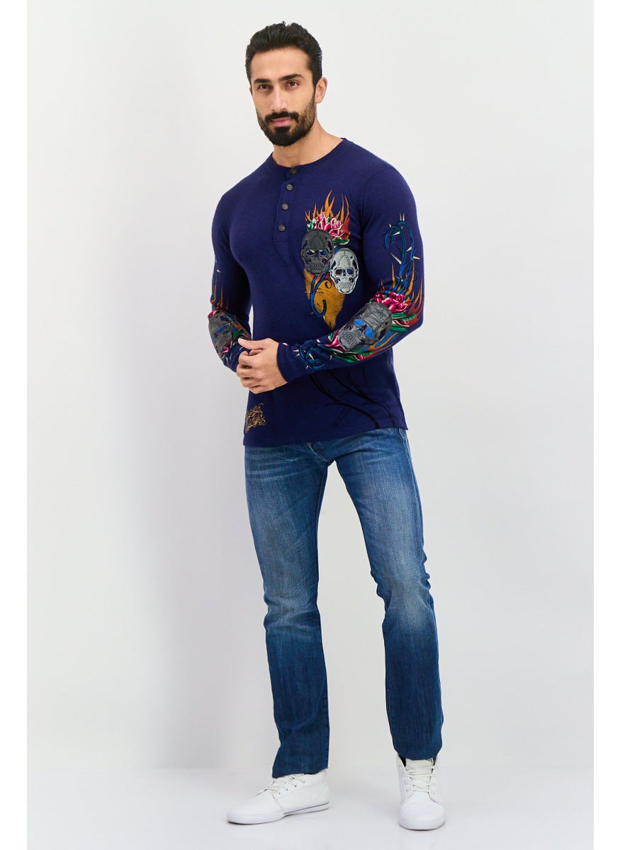CHRISTIAN AUDIGIER Men Round Neck Graphic Printed Sweater, Navy Combo  - Image 3