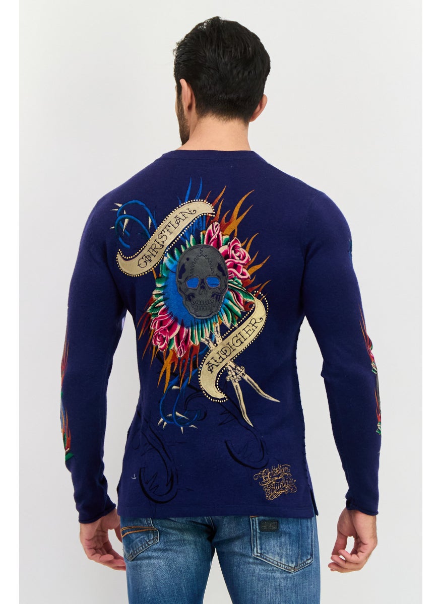 CHRISTIAN AUDIGIER Men Round Neck Graphic Printed Sweater, Navy Combo  - Image 4