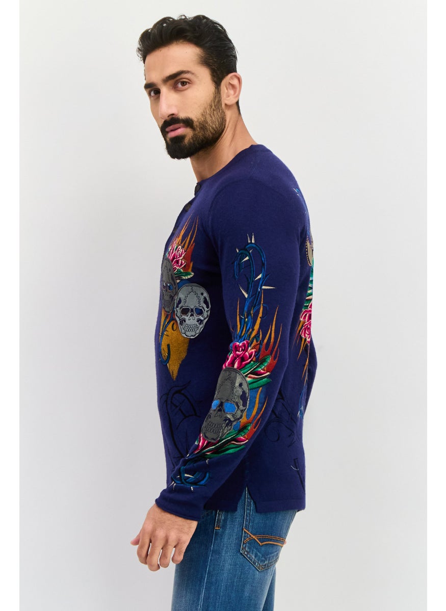 CHRISTIAN AUDIGIER Men Round Neck Graphic Printed Sweater, Navy Combo  - Image 2