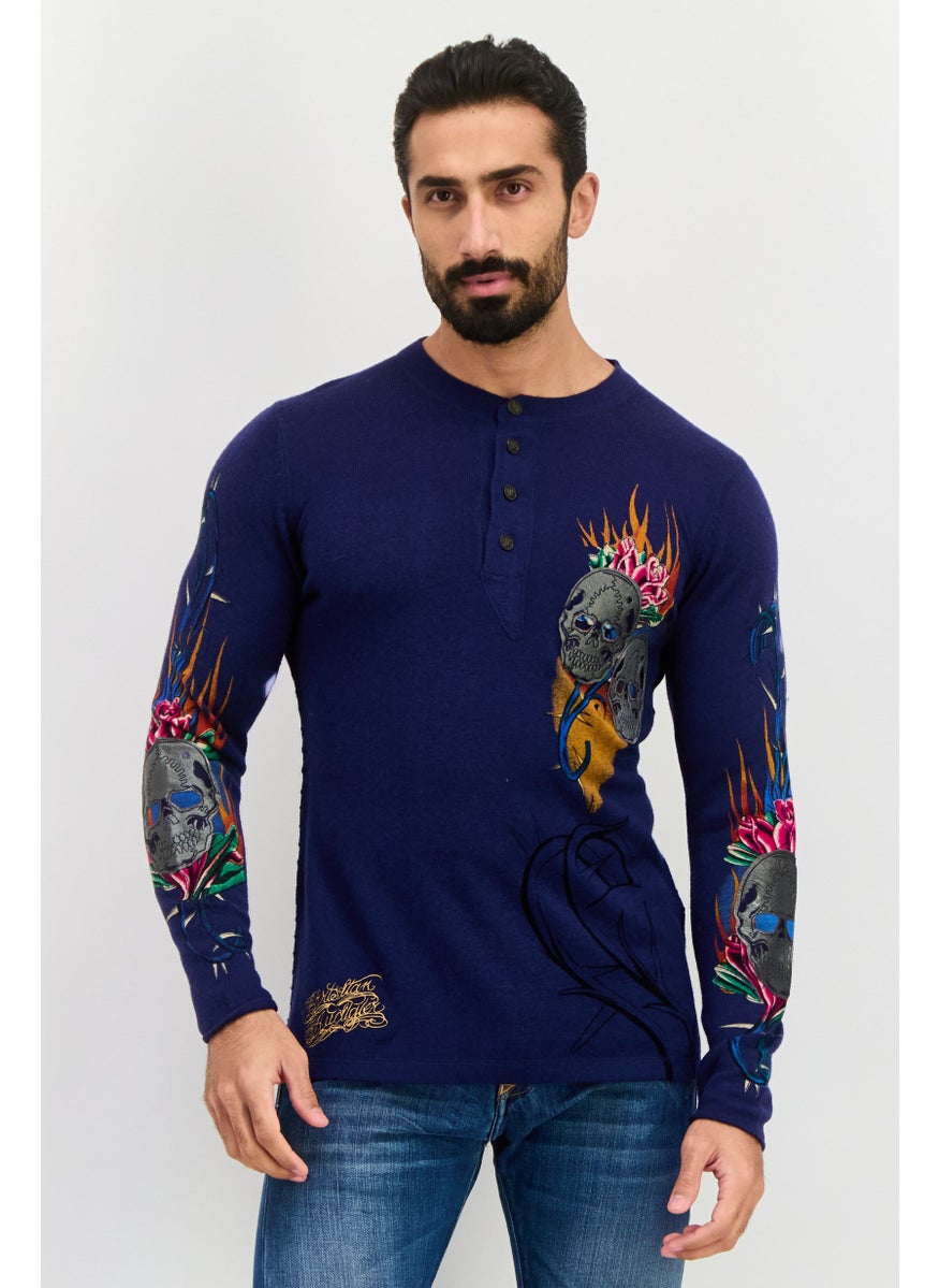 CHRISTIAN AUDIGIER Men Round Neck Graphic Printed Sweater, Navy Combo  - Image 1