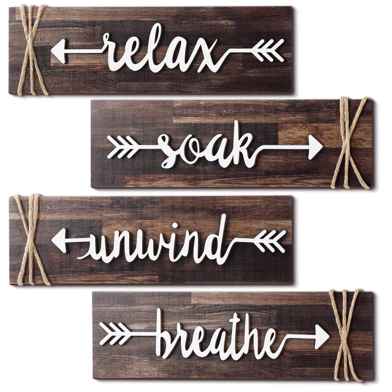 Jetec 4 Pieces Farmhouse Bathroom Decor Wall Art Soak Relax Unwind Breathe Wooden Signs with Arrow Rustic Vintage Country Bathroom Decor for Home Laundry RoomBrown