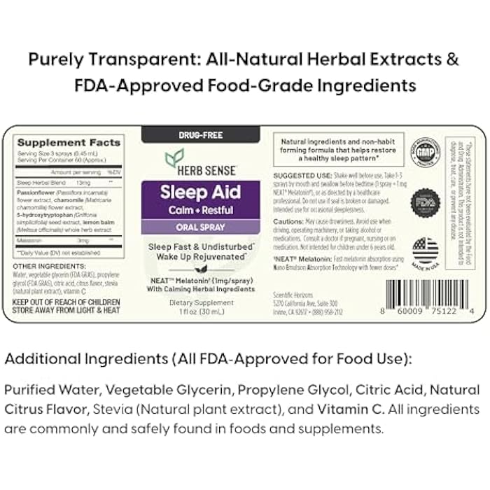 Herb Sense Sleep Aid, Liquid Melatonin, Natural Herbs, Calm, Restful, Oral Spray,1 oz, Drug-Free, 60 Servings - Image 4